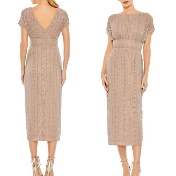 $498 NEW 20 MAC DUGGAL midi length beaded neutral tan cap sleeve dress NWT